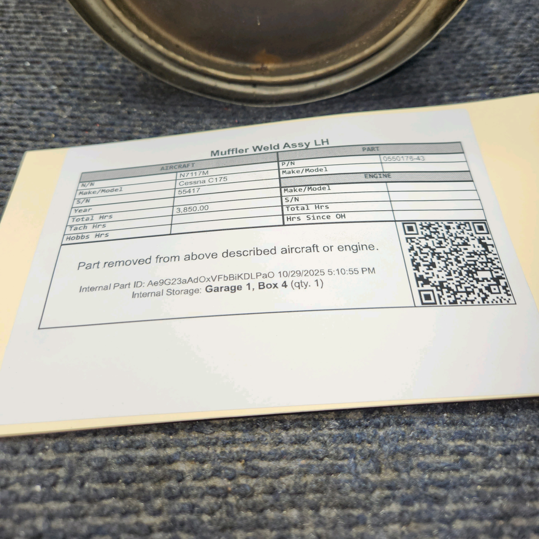 Used aircraft parts for sale, 0550176-43 Continental O-300 Cessna C175 Muffler Weld Assy - LH