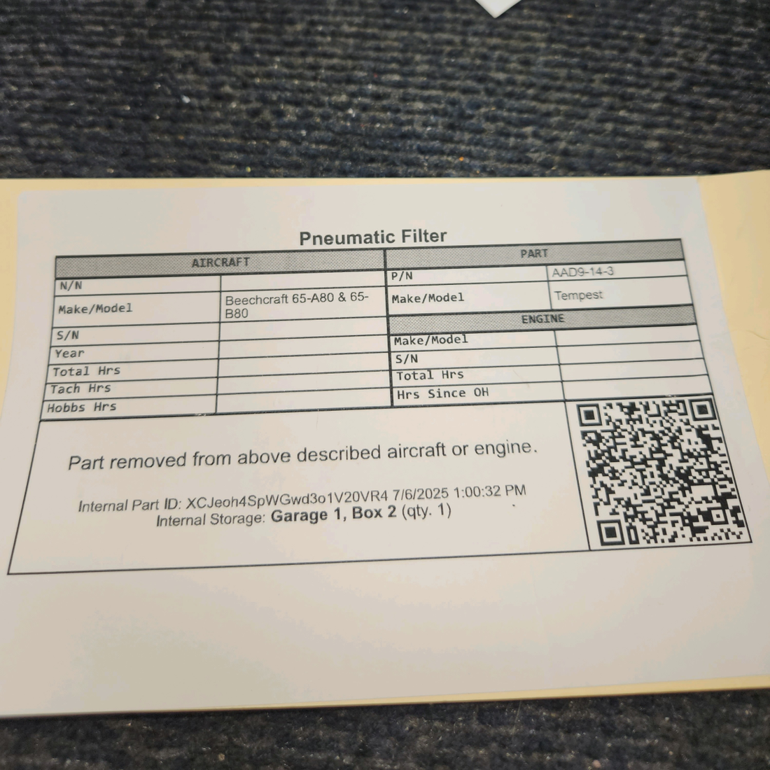 Used aircraft parts for sale, AAD9-14-3 Tempest Beechcraft 65-A80 & 65-B80 Pneumatic Filter