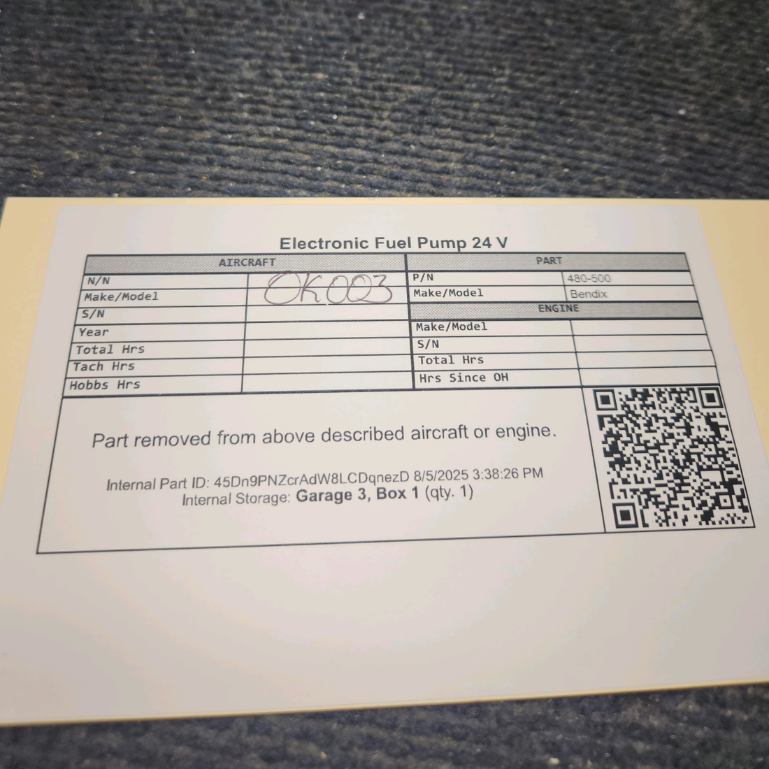 Used aircraft parts for sale, 480-500 Bendix Electronic Fuel Pump 24 V