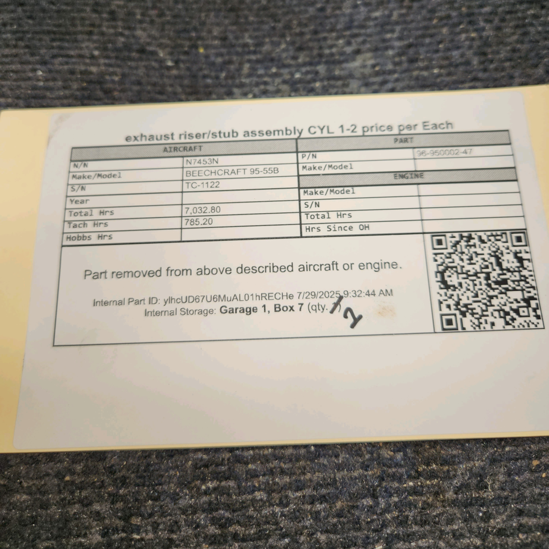 Used aircraft parts for sale, 96-950002-47 BEECHCRAFT 95-55B Exhaust Riser/Stub Assembly Cylinders 1 & 2 - Price per Each