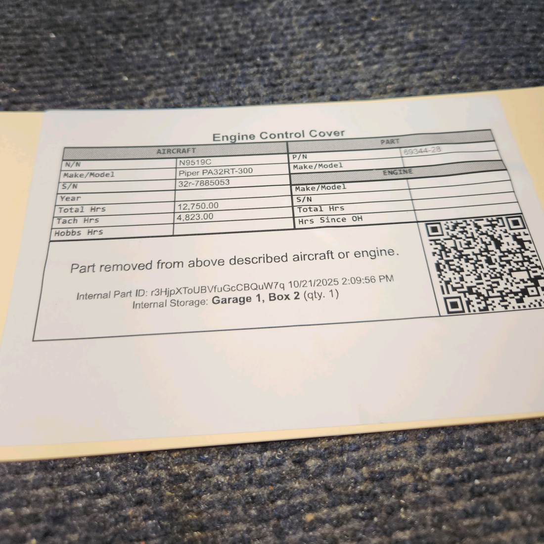 Used aircraft parts for sale, 69344-28 Piper PA32RT-300 Engine Control Cover