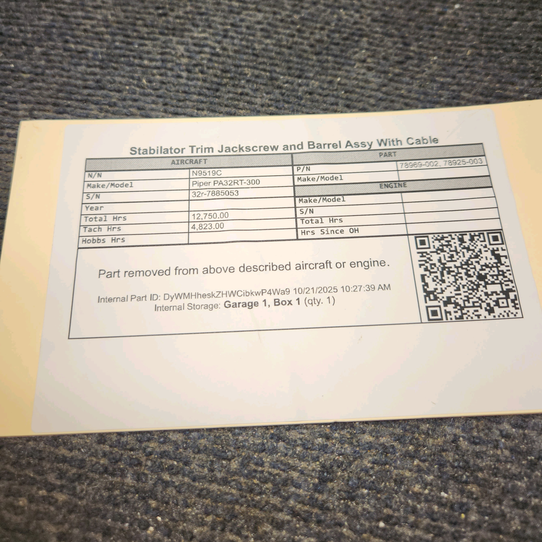 Used aircraft parts for sale, 78969-002 Piper PA32RT-300 Stabilator Trim Jackscrew and Barrel Assy With Cable