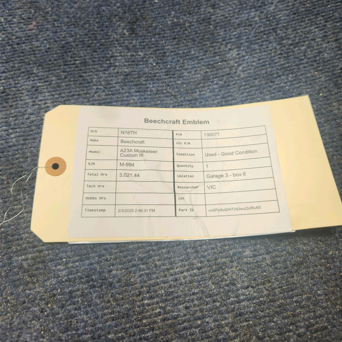 Used aircraft parts for sale, 130071 Beechcraft A23A Musketeer Custom III BEECHCRAFT EMBLEM