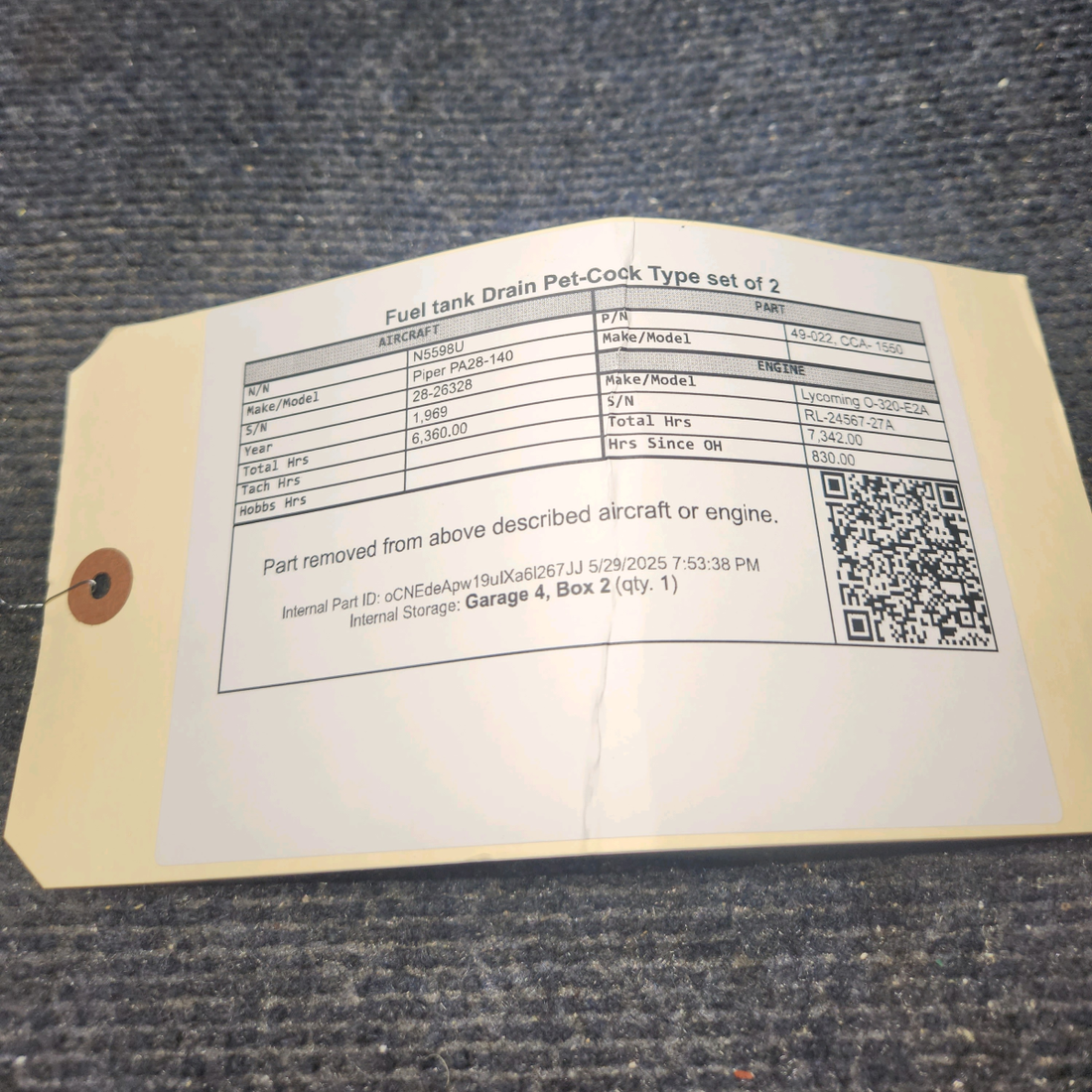 Used aircraft parts for sale, 49-022 Piper PA28-140 Fuel Tank Drain, Petcock Type – Set of 2.