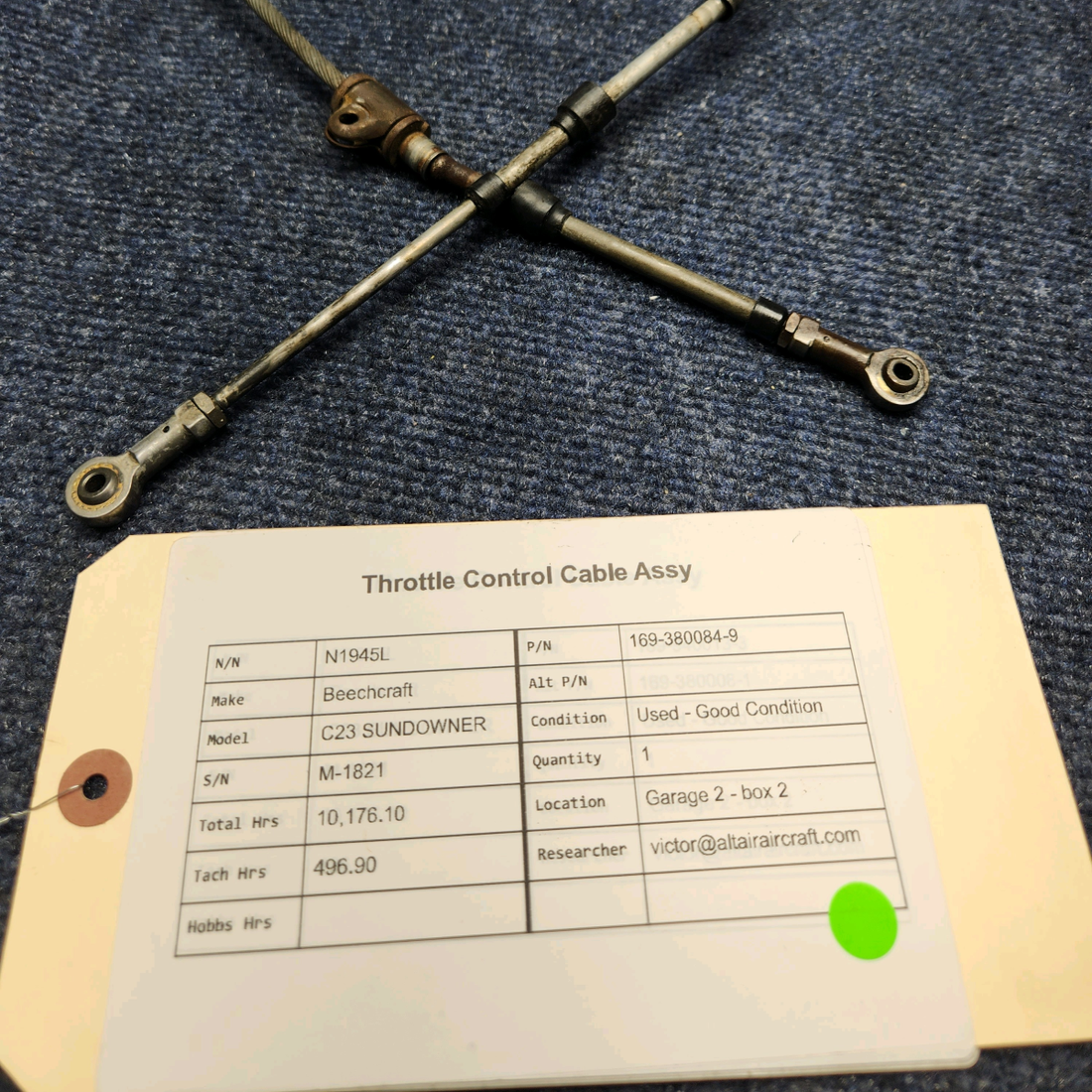 Used aircraft parts for sale, 169-380084-9 Beechcraft C23 SUNDOWNER THROTTLE CONTROL CABLE ASSY