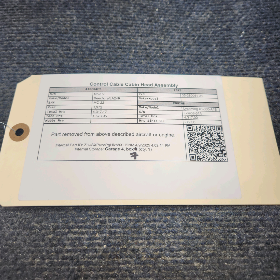 Used aircraft parts for sale, 35-380051-21 Beechcraft A24R Control Cable Cabin Head Assembly