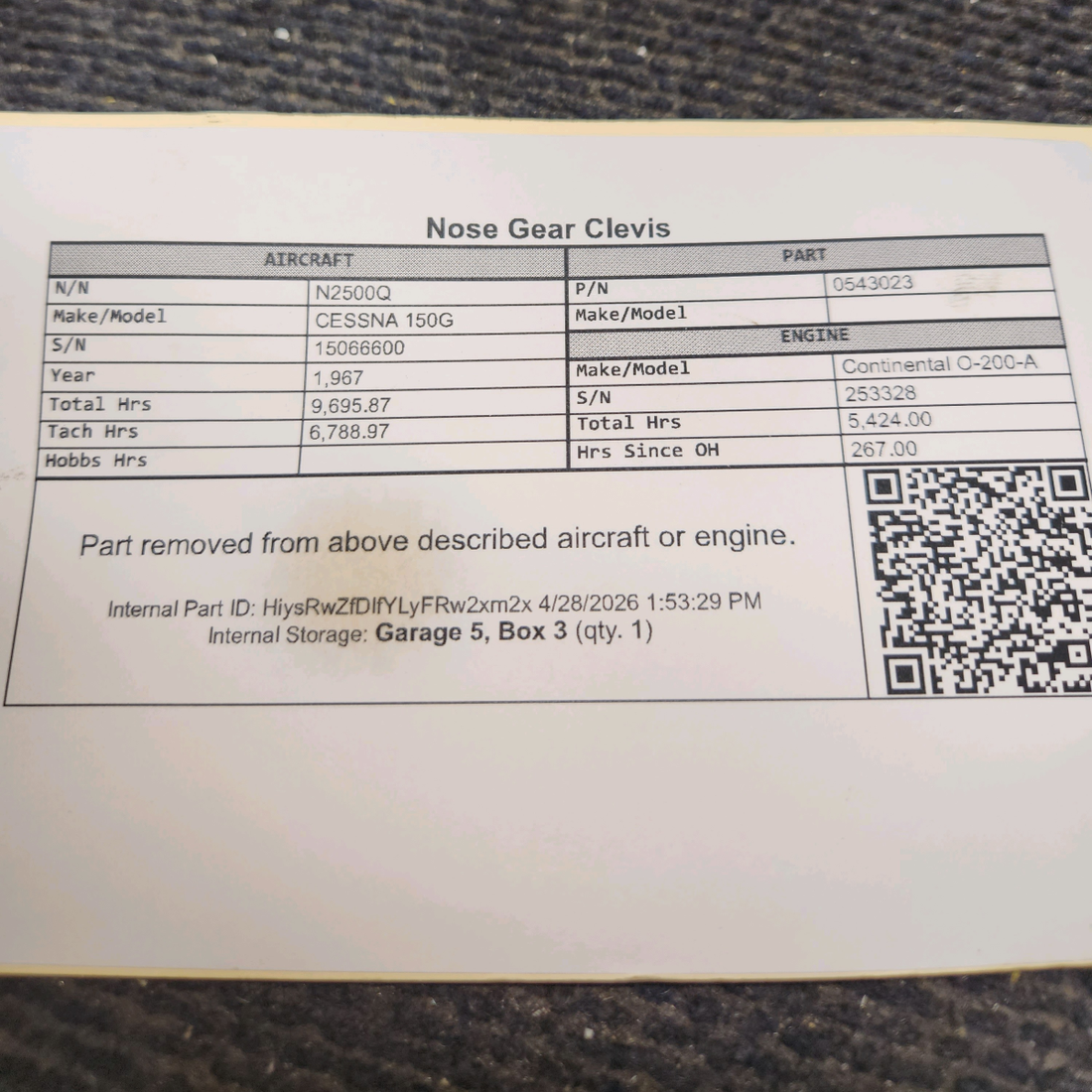 Used aircraft parts for sale, 0543023 cessna 150G Nose Gear Clevis