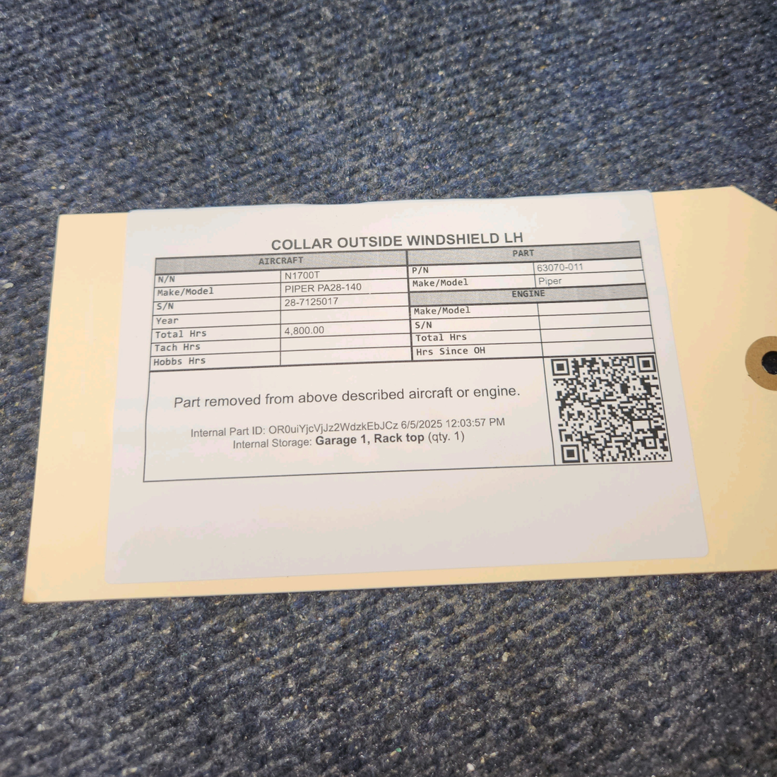 Used aircraft parts for sale, 63070-011 PIPER PA28-140 Outside Windshield Collar - LH