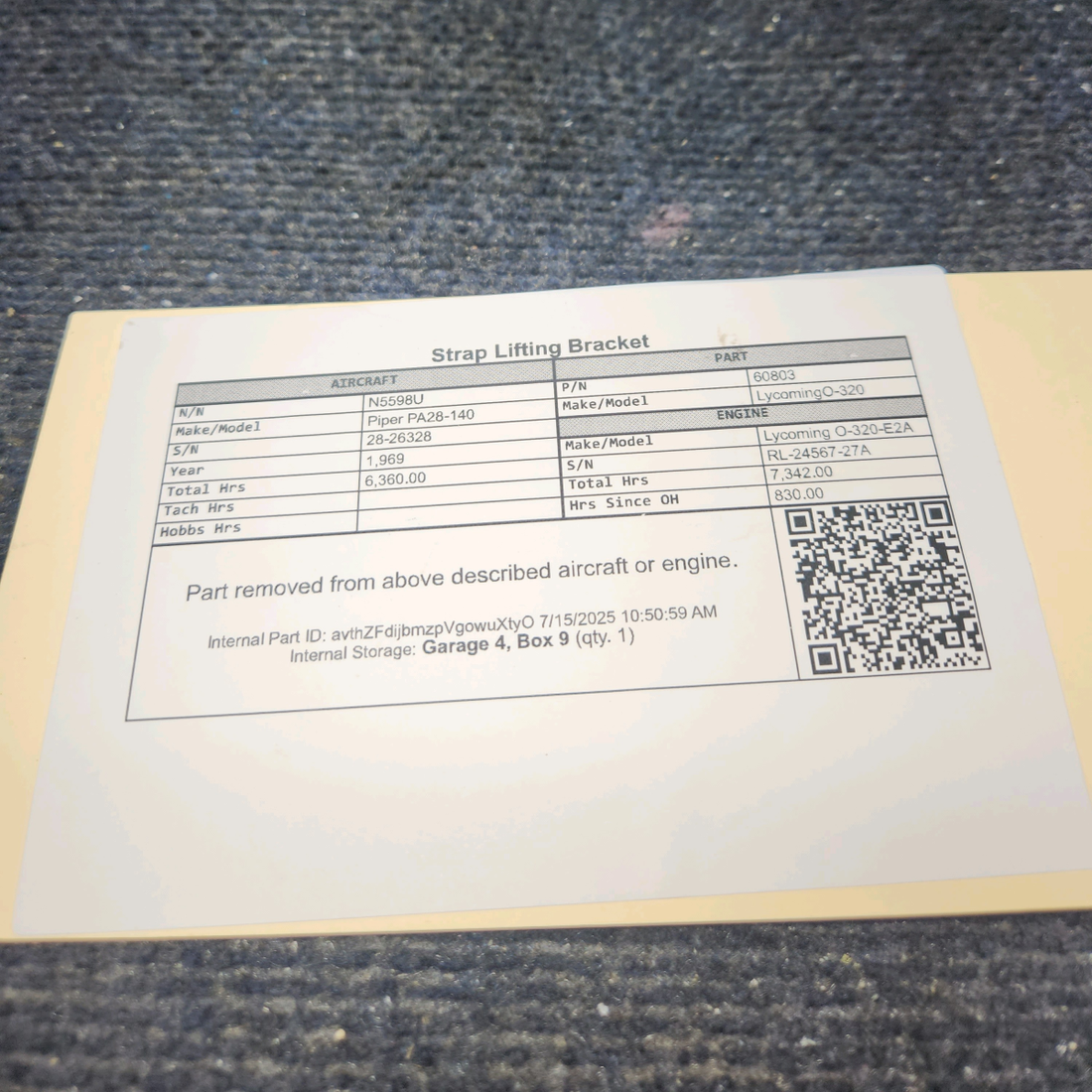 Used aircraft parts for sale, 60803 Lycoming O-320 Piper PA28-140 Strap Lifting Bracket