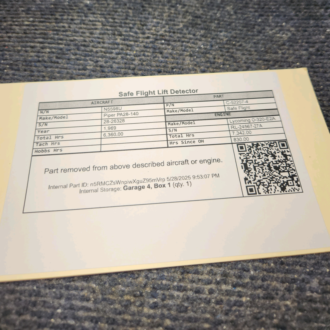 Used aircraft parts for sale, C-52207-4 Safe Flight Piper PA28-140 Safe Flight Lift Detector