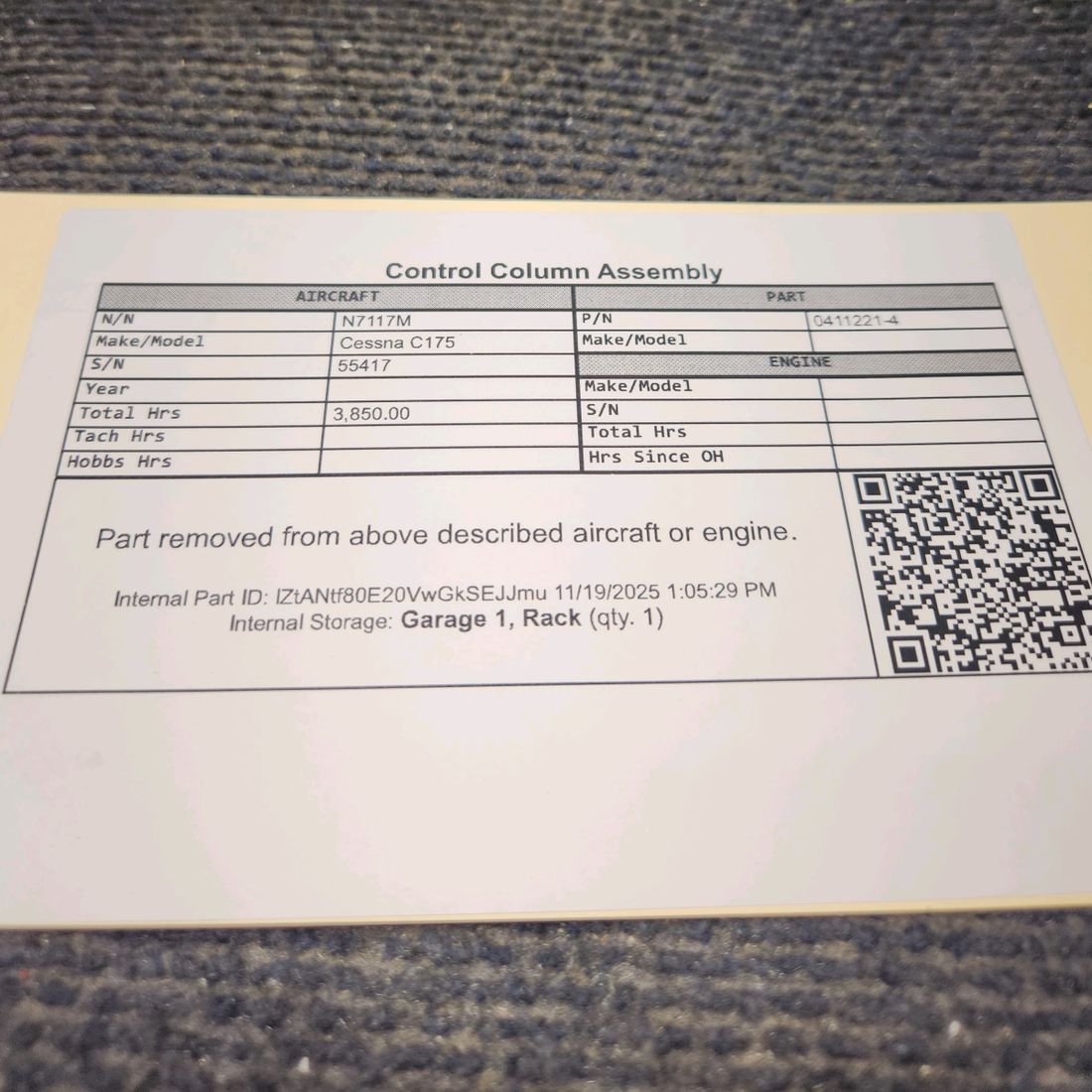 Used aircraft parts for sale, 0411221-4 Cessna C175 Control T Column Assembly