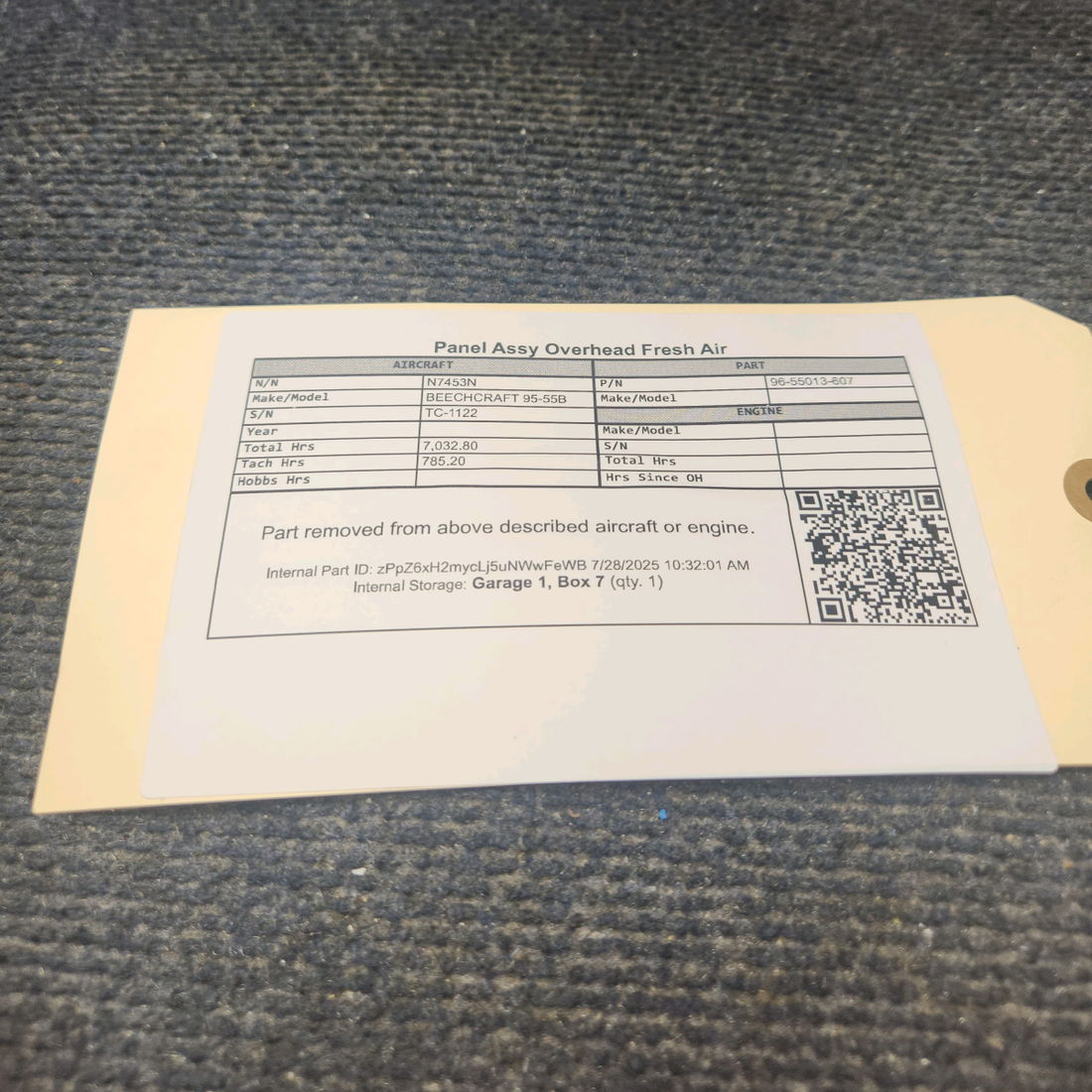 Used aircraft parts for sale, 96-55013-607 BEECHCRAFT 95-55B Panel Assy Overhead Fresh Air