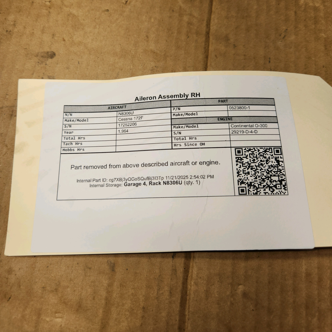 Used aircraft parts for sale, 0523800-1 Cessna 172F Aileron Assembly - RH