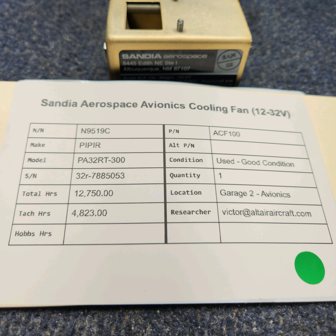 Used aircraft parts for sale, ACF100 PIPIR PA32RT-300 SANDIA AEROSPACE AVIONICS COOLING FAN (12-32V)