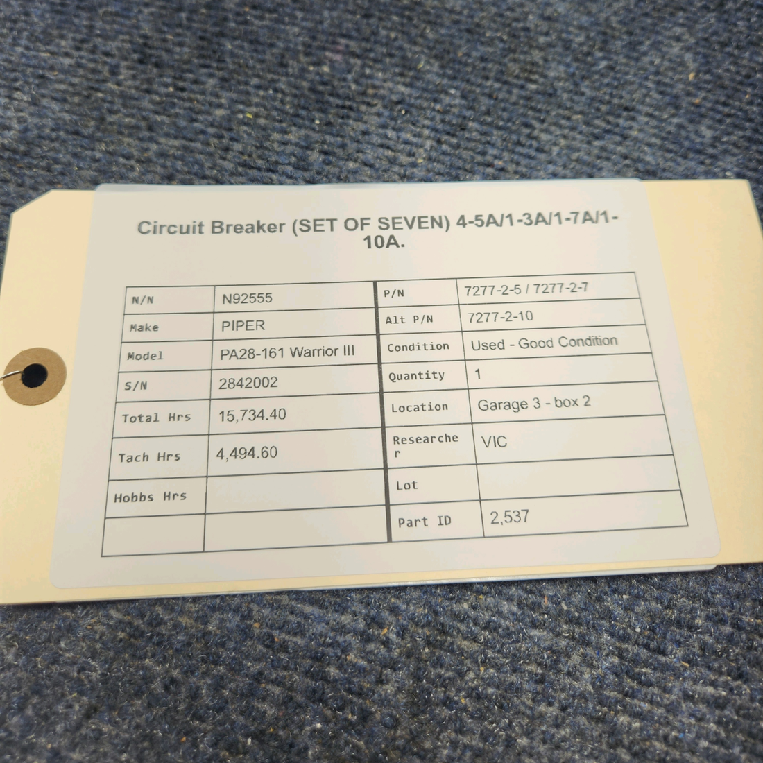 Used aircraft parts for sale, 7277-2-5 / 7277-2-7 PIPER PA28-161 Warrior III CIRCUIT BREAKER (SET OF SEVEN) 4-5A/1-3A/1-7A/1-10A.