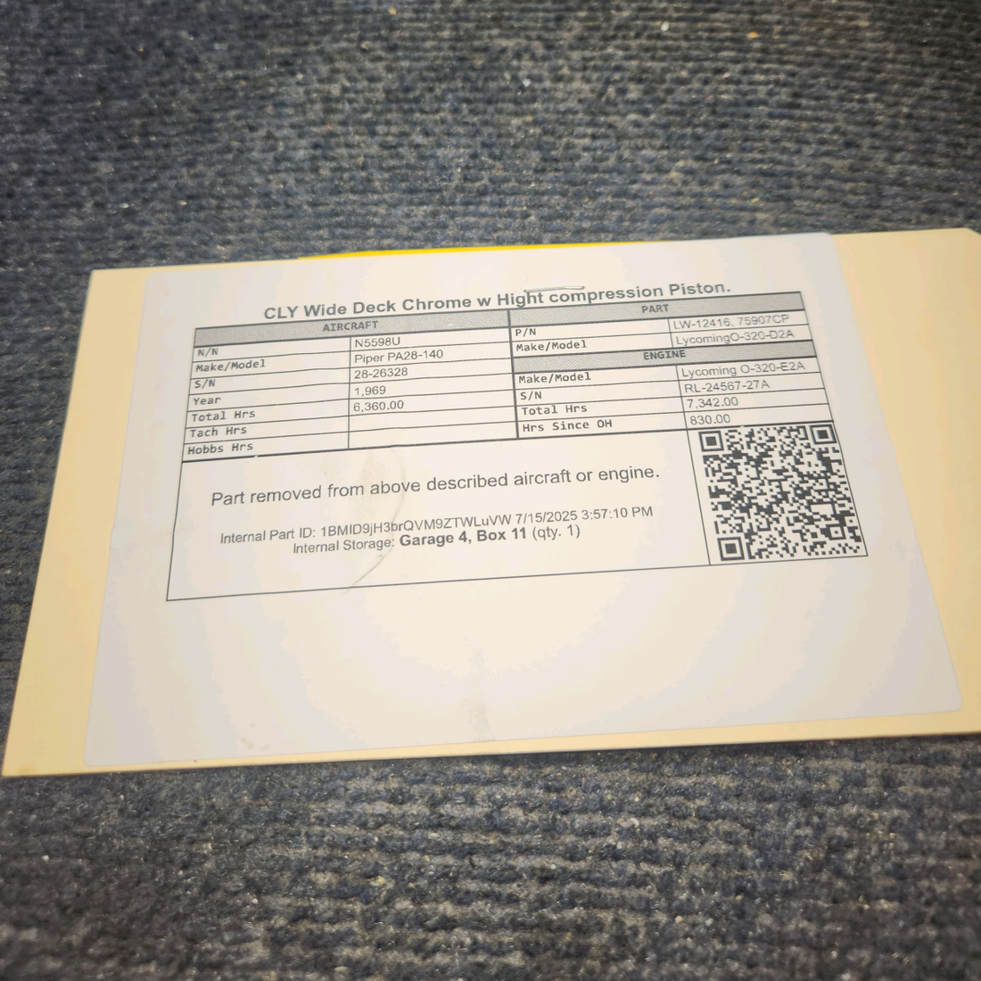 Used aircraft parts for sale, LW-12416 Lycoming O-320-D2A Piper PA28-140 Cylinder Wide Deck Chrome with High-Compression Piston