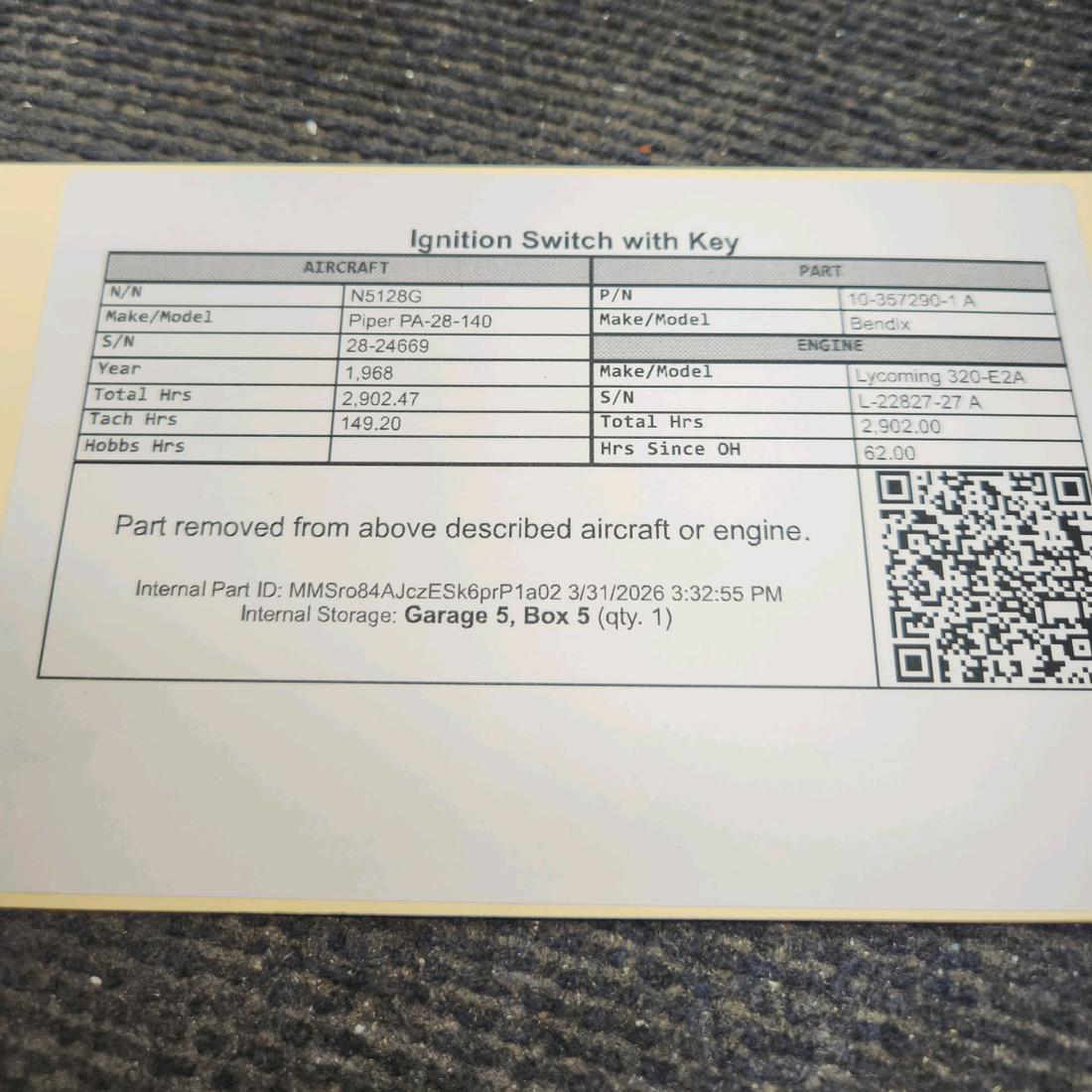 Used aircraft parts for sale, 10-357290-1 A Bendix Piper PA-28-140 Ignition Switch with Key