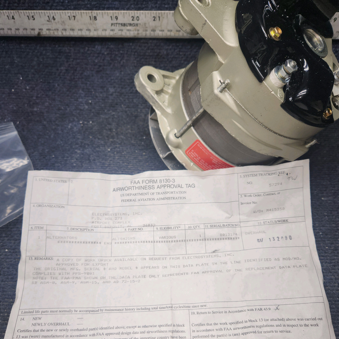 Used aircraft parts for sale, ALT-8521 Prestolite ALT-8421RS Alaternator Assy 24V / 50A