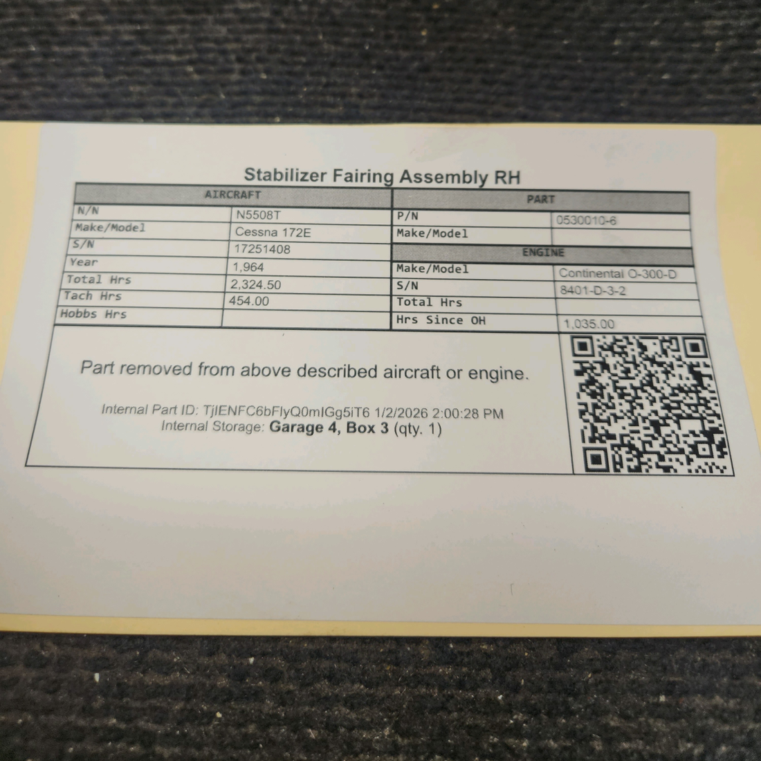 Used aircraft parts for sale, 0530010-6 Cessna 172E Stabilizer Fairing Assembly RH