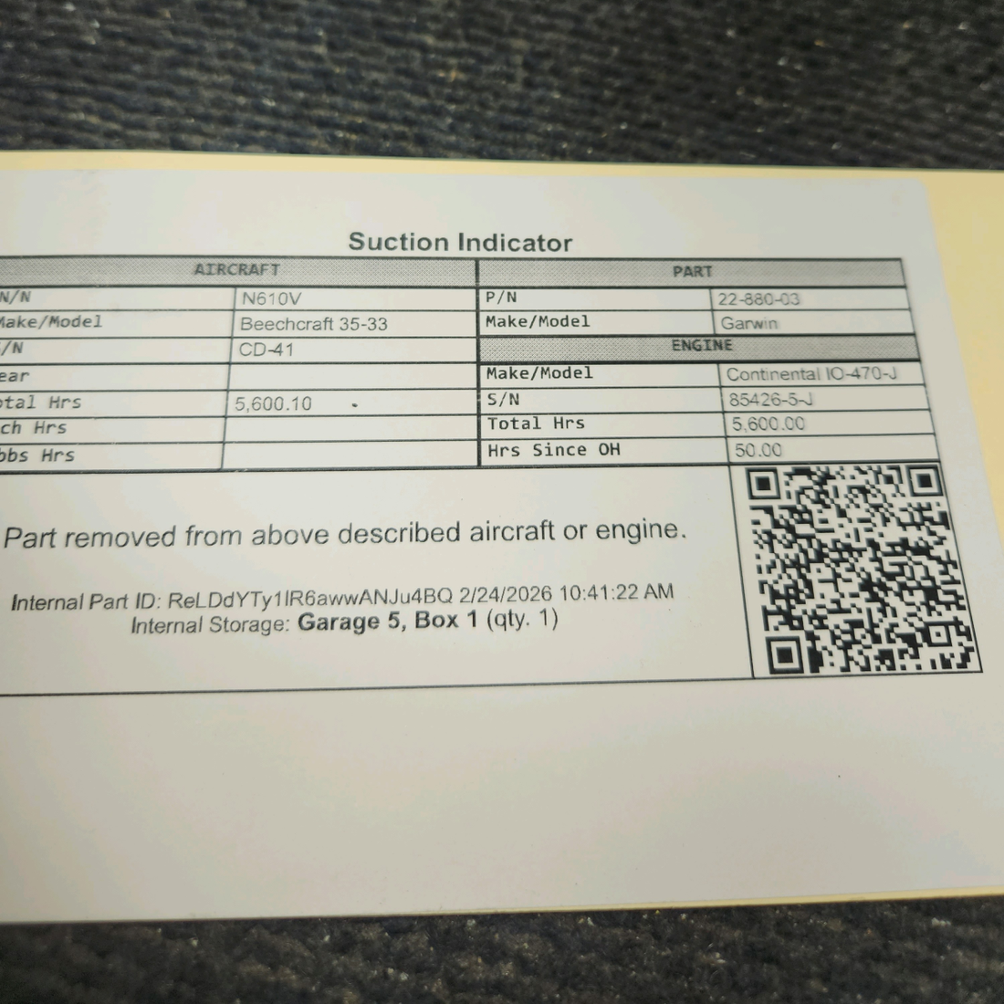 Used aircraft parts for sale, 22-880-03 Garwin Beechcraft 35-33 Suction Indicator