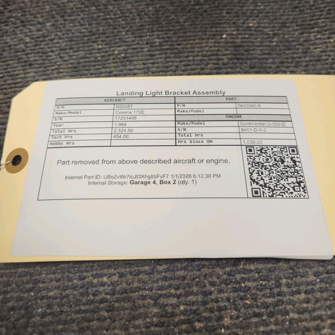 Used aircraft parts for sale, 0423542-6 Cessna 172E Landing Light Bracket Assembly