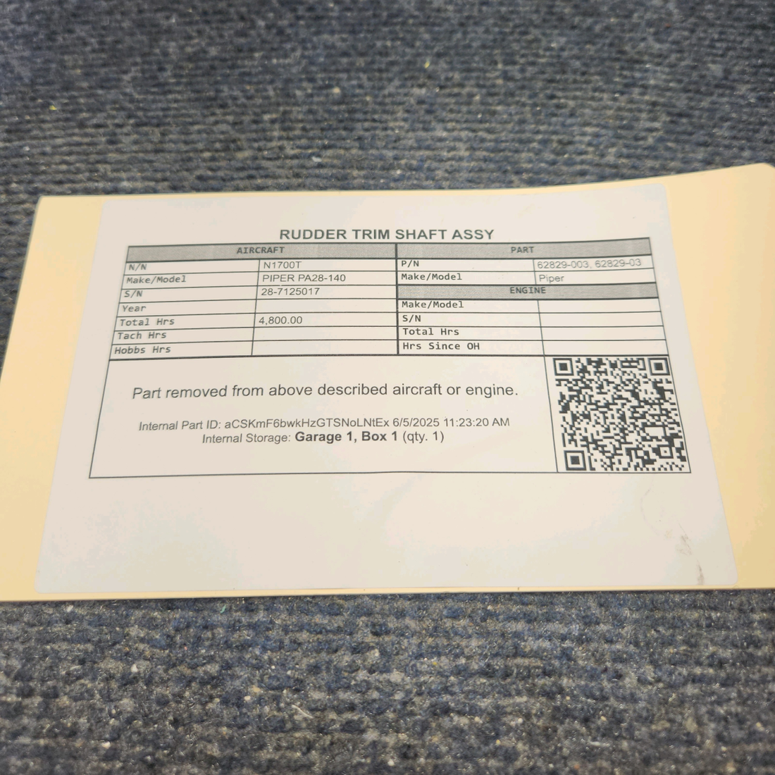 Used aircraft parts for sale, 62829-003 PIPER PA28-140 Rudder Trim Shaft Assy