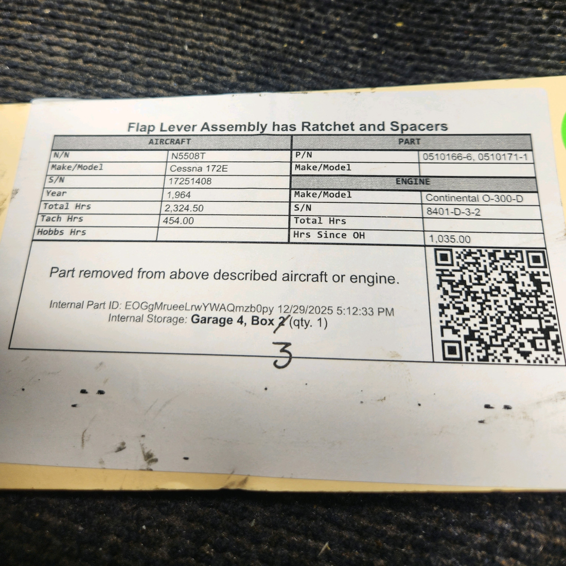 Used aircraft parts for sale, 0510166-6, 0510171-1 Cessna 172E Flap Lever Assembly with Ratchet and Spacers