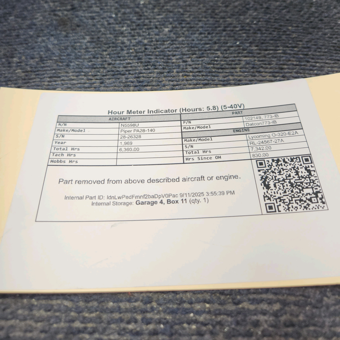 Used aircraft parts for sale, 102149 Datcon 773-IB Piper PA28-140 Hour Meter Indicator (5.8 Hours, 5–40 Volts)