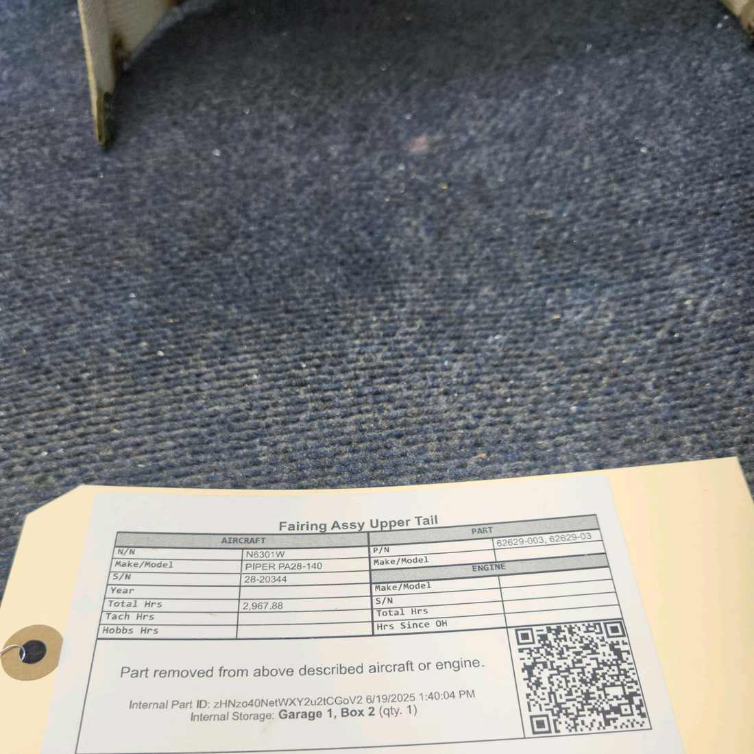 Used aircraft parts for sale, 62629-003 PIPER PA28-140 Fairing Assy Upper Tail