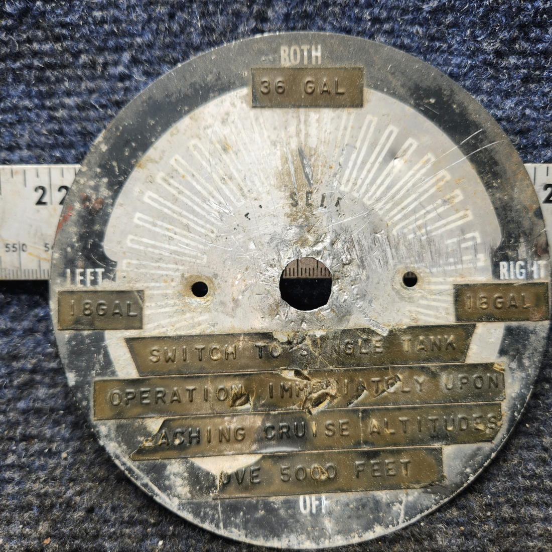 Used aircraft parts for sale, 0500246-11 Cessna 172F 36-Gallon Range Tank Selector Placard – Rare