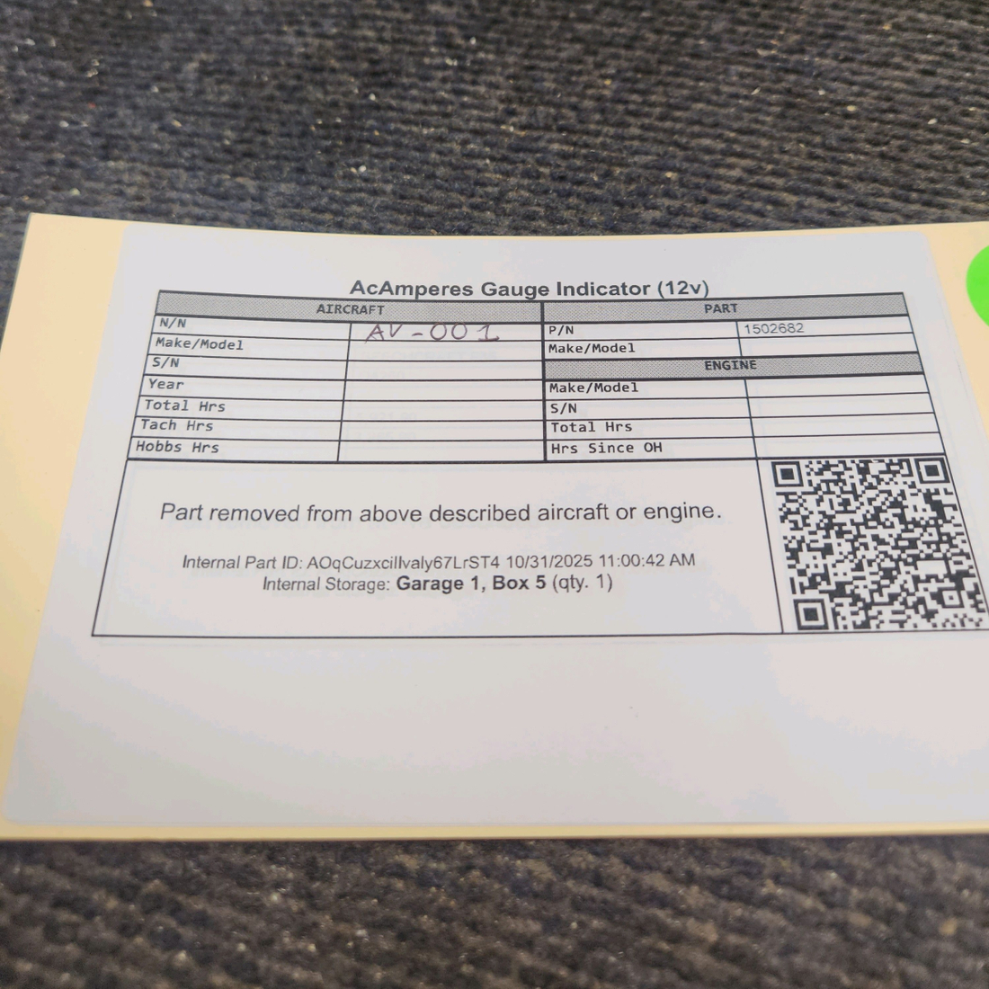 Used aircraft parts for sale, 1502682 Piper PA-28 Amperes Gauge Indicator (12v)