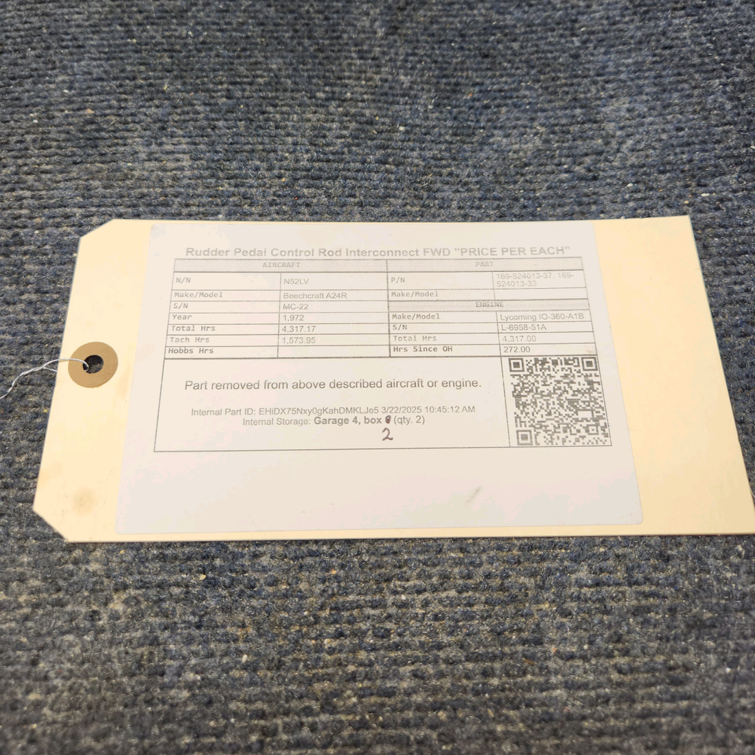 Used aircraft parts for sale, 169-524013-37 Beechcraft A24R Rudder Pedal Control Rod Interconnect FWD "PRICE PER EACH"