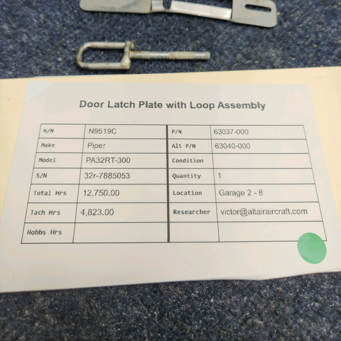 Used aircraft parts for sale, 63037-000 Piper PA32RT-300 DOOR LATCH PLATE WITH LOOP ASSEMBLY