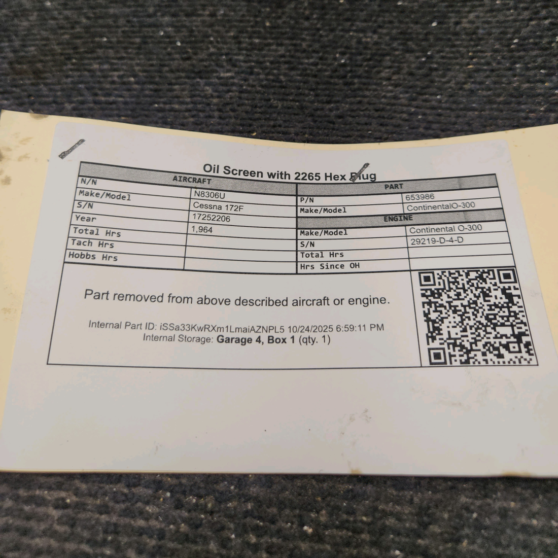 Used aircraft parts for sale, 653986 Continental O-300-D Cessna 172F Oil Screen with 2265 Hex Plug