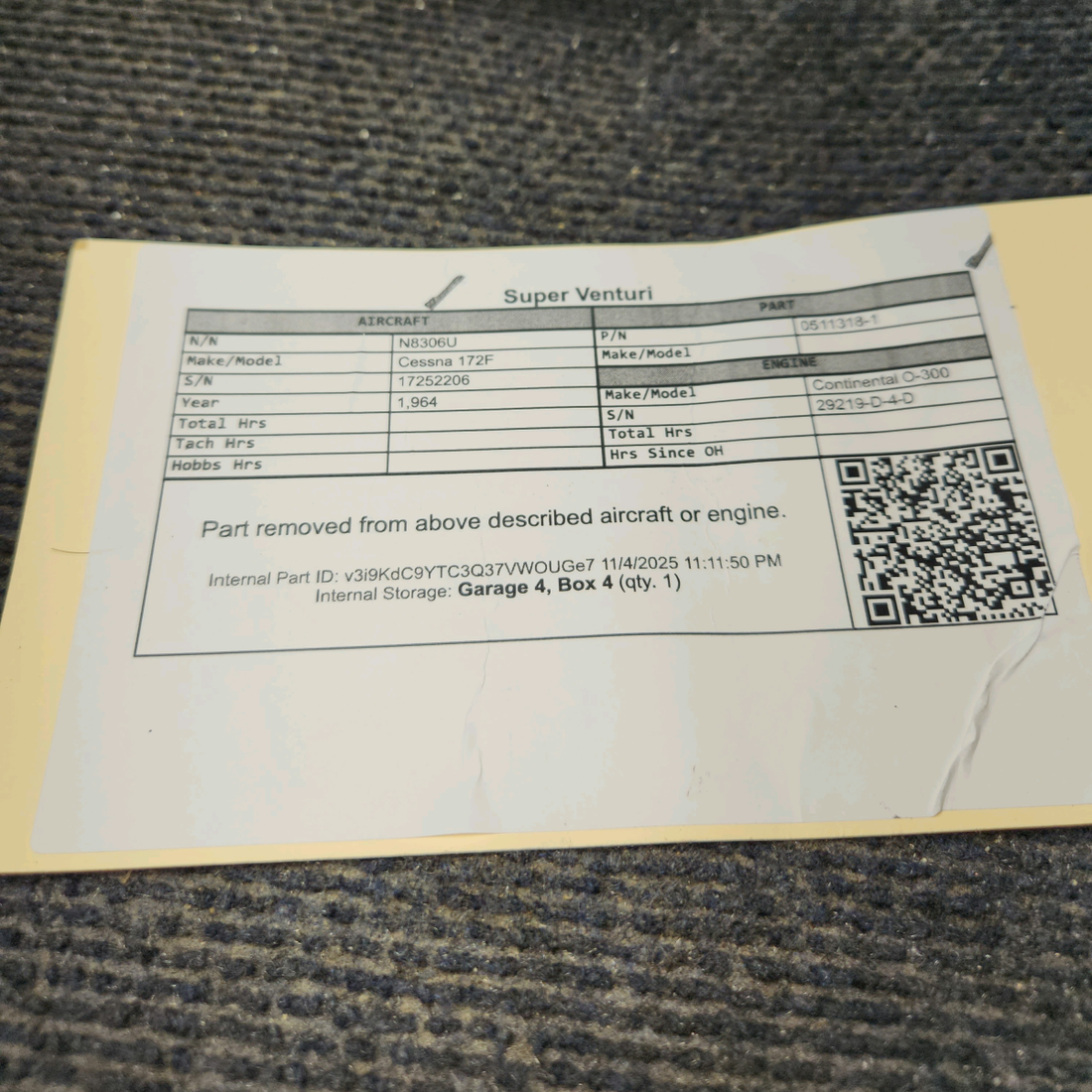 Used aircraft parts for sale, 0511318-1 Cessna 172F Super Venturi