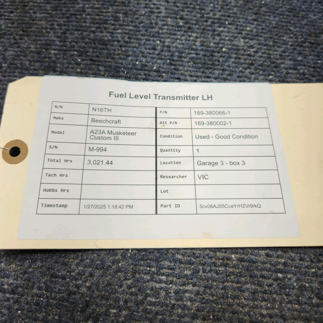 Used aircraft parts for sale, 169-380066-1 Beechcraft A23A Musketeer Custom III FUEL LEVEL TRANSMITTER LH