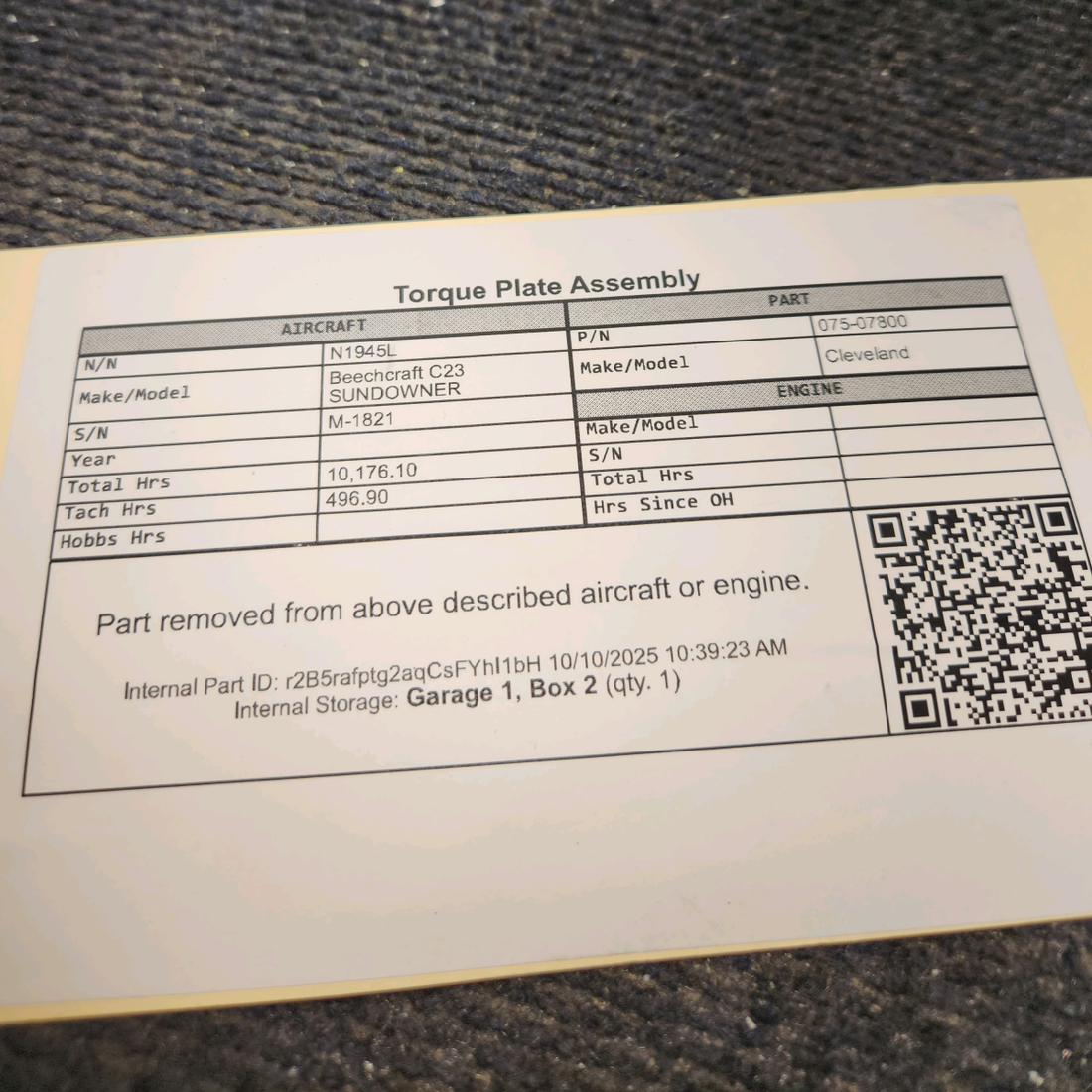 Used aircraft parts for sale, 075-07800 Cleveland Beechcraft C23 SUNDOWNER Torque Plate Assembly