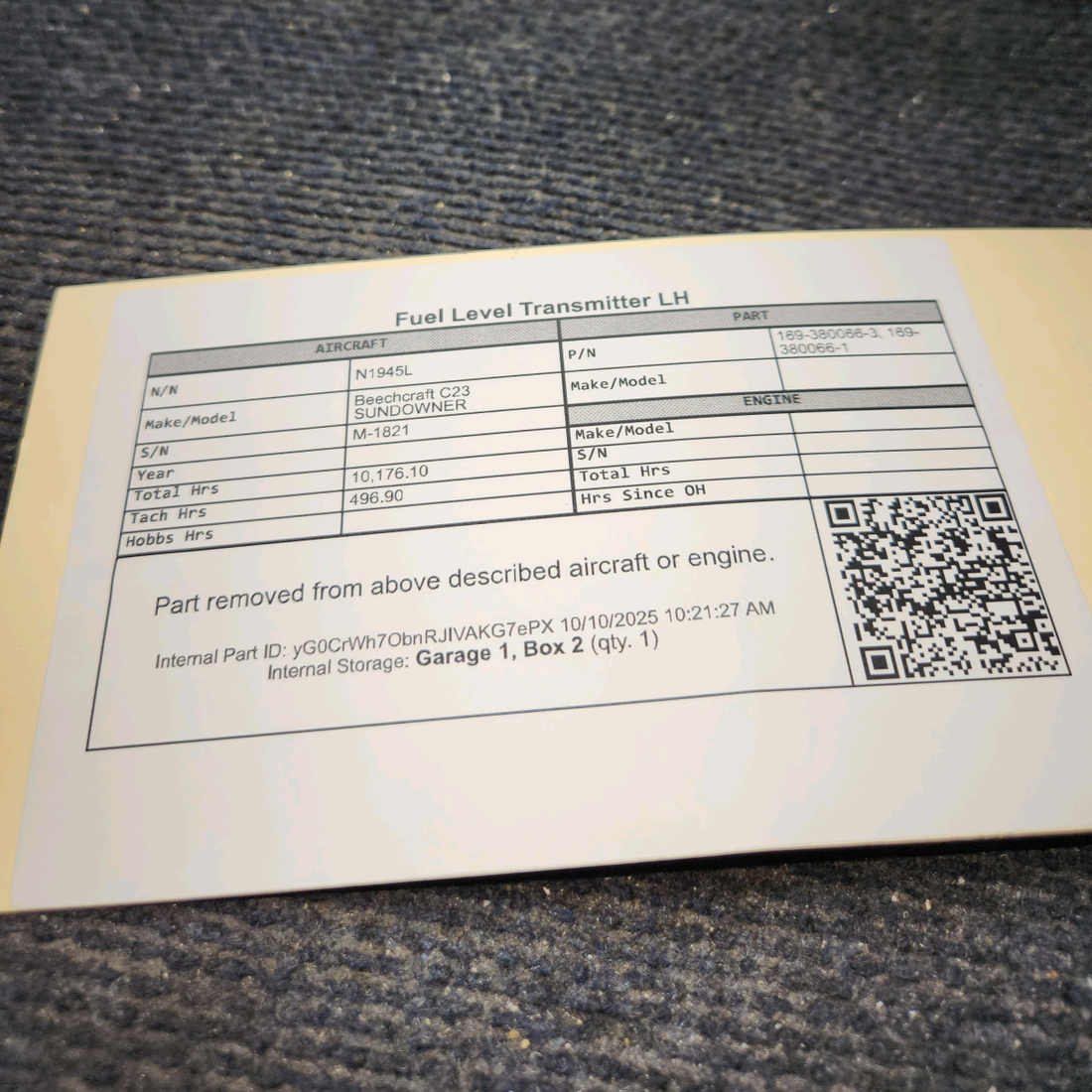 Used aircraft parts for sale, 169-380066-3 Beechcraft C23 SUNDOWNER Fuel Level Transmitter - LH