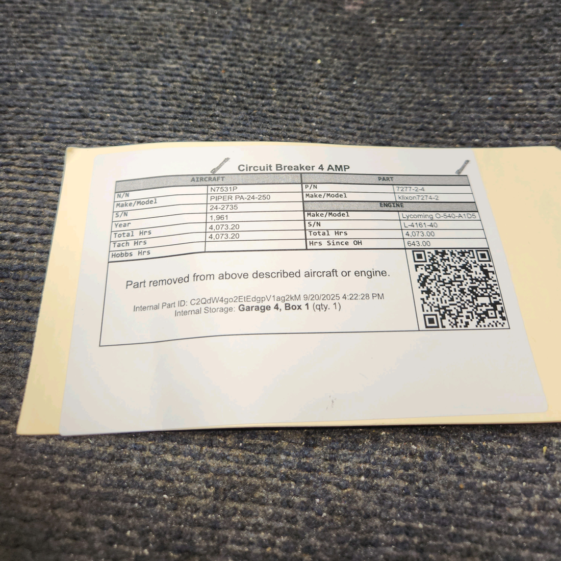 Used aircraft parts for sale, 7277-2-4 klixon 7274-2 PIPER PA-24-250 Circuit Breaker - 4 AMP