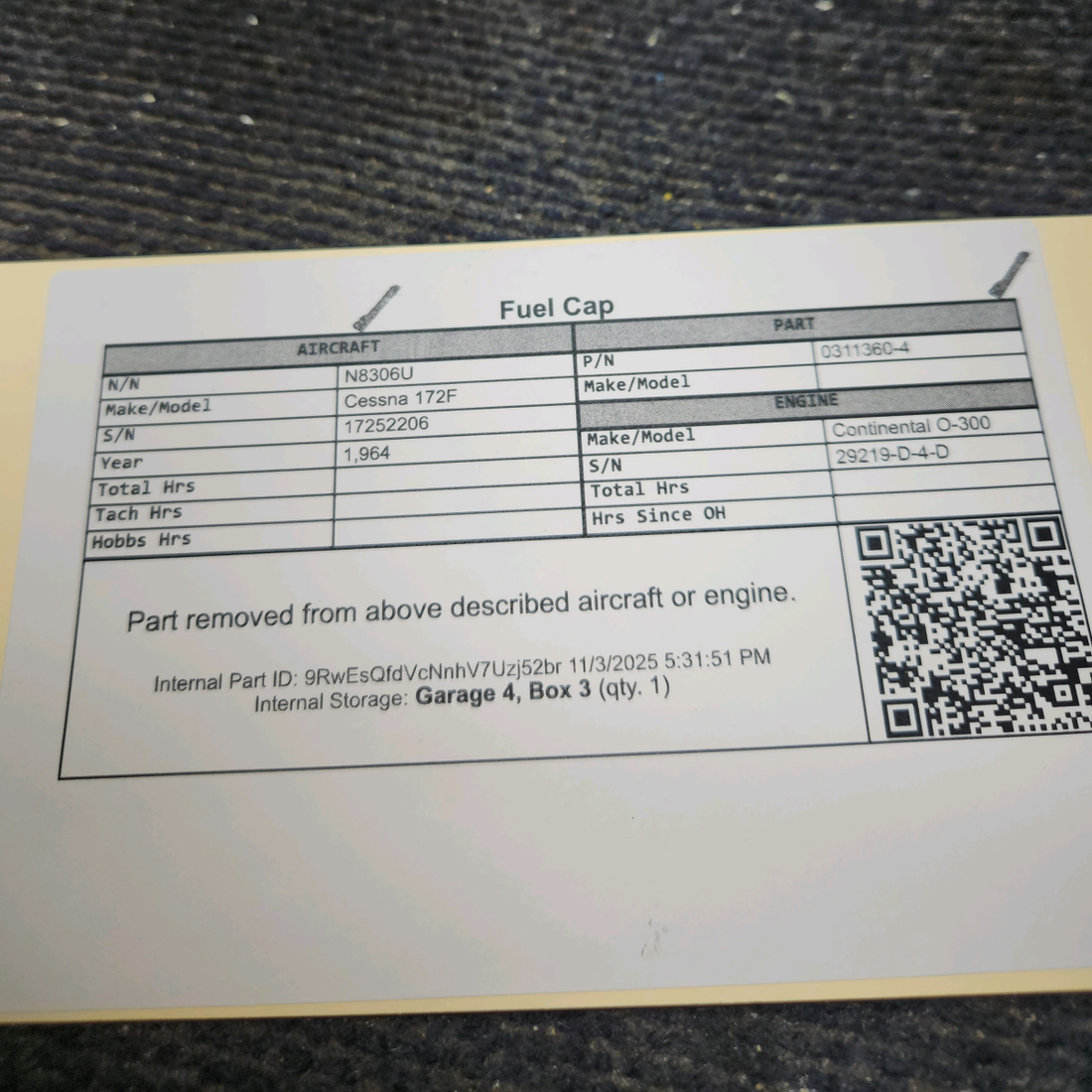 Used aircraft parts for sale, 0311360-4 Cessna 172F Fuel Cap