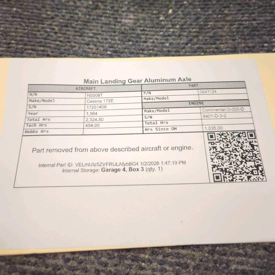 Used aircraft parts for sale, 0541124 Cessna 172E Main Landing Gear Aluminum Axle