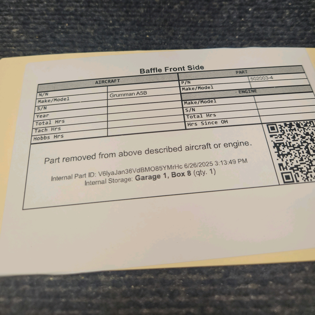 Used aircraft parts for sale, 502003-4 Grumman A5B Baffle Side Front