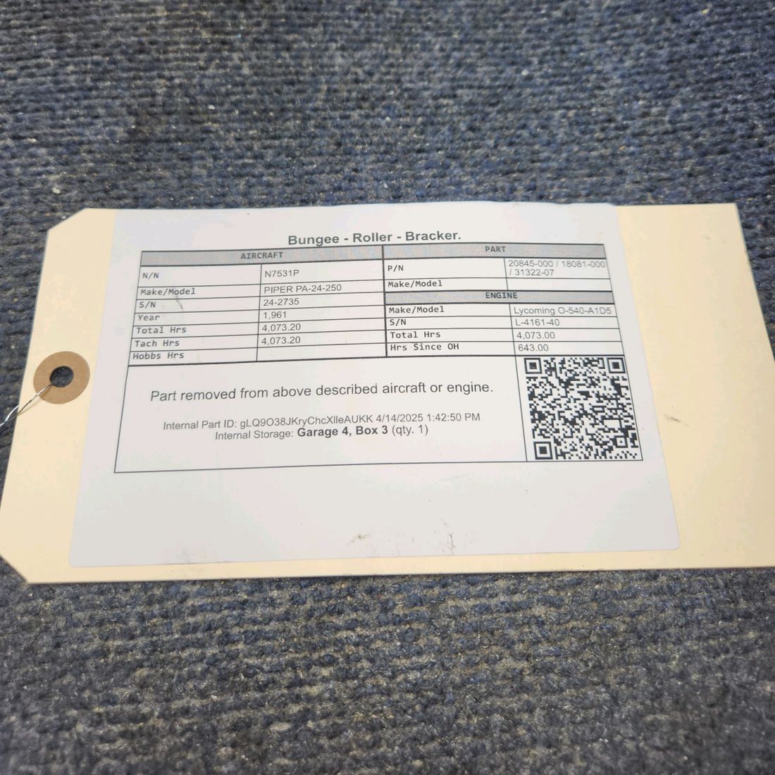Used aircraft parts for sale, 20845-000 /  18081-000 / 31322-07 PIPER PA-24-250 Bungee - Roller - Bracker.