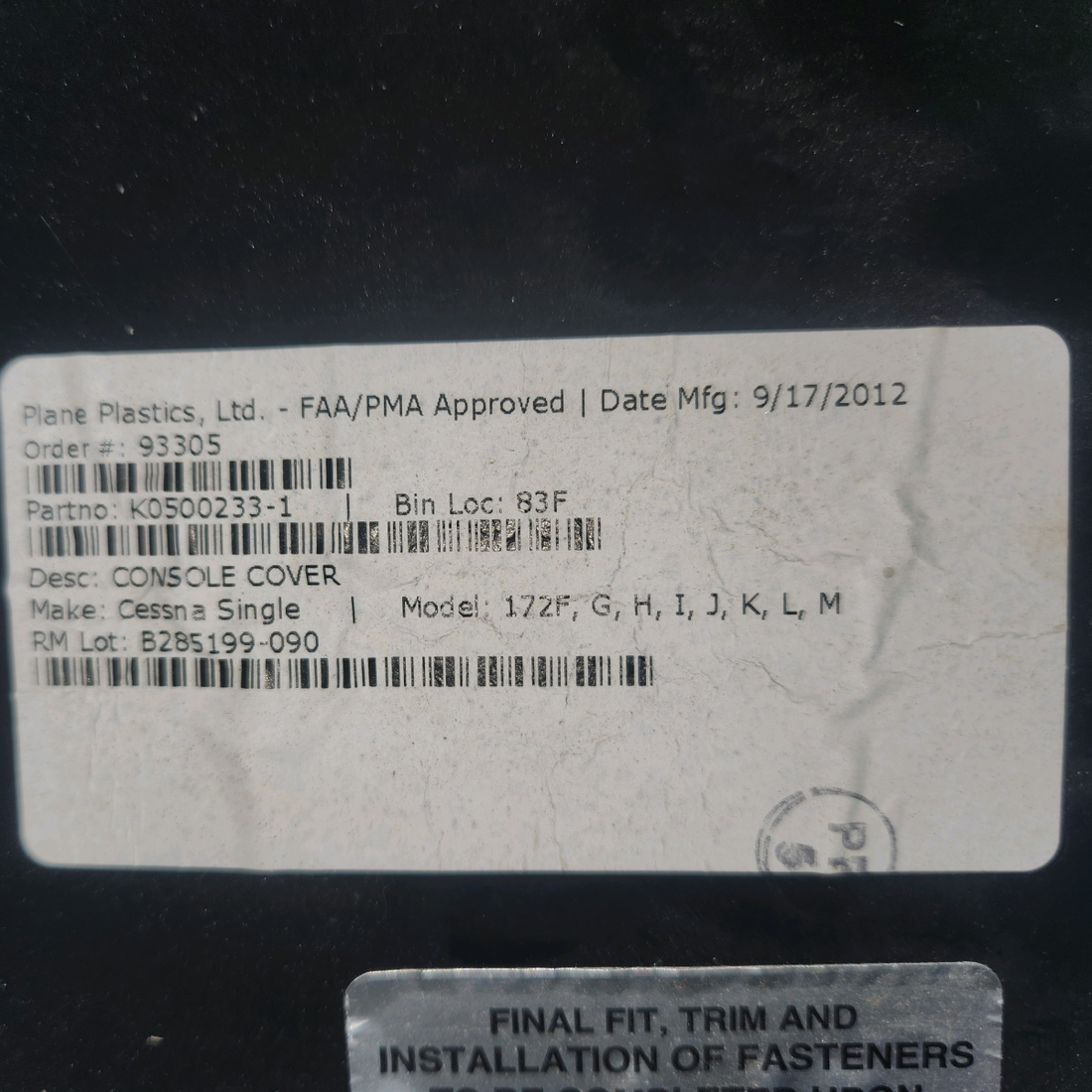Used aircraft parts for sale, 0500233-4 cessna 172N Center Console Cover (Blue)