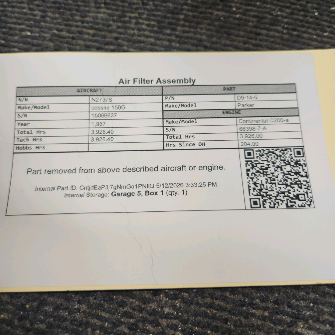 Used aircraft parts for sale, D9-14-5 Parker cessna 150G Air Filter Assembly