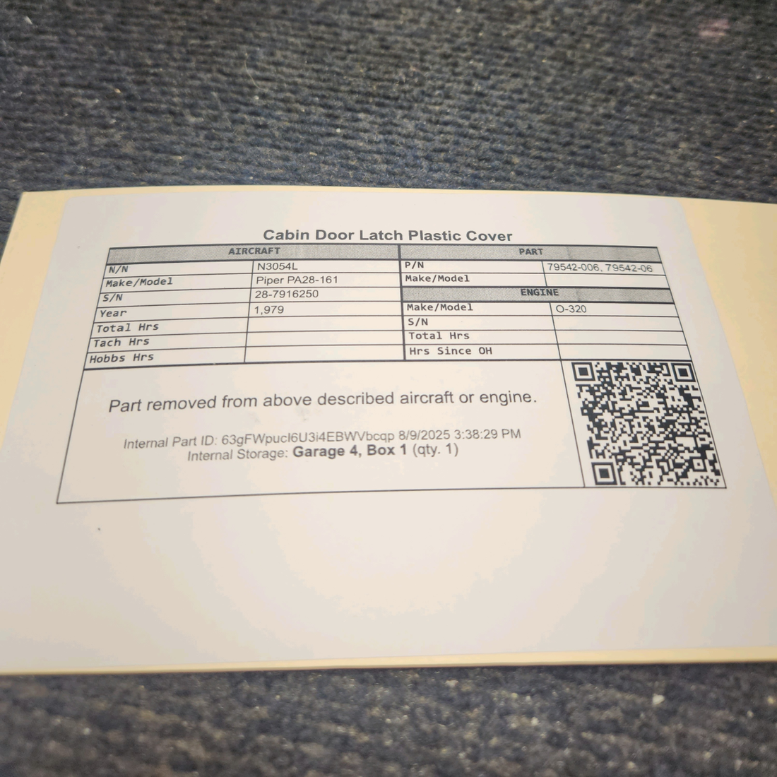 Used aircraft parts for sale, 79542-006 Piper PA28-161 Cabin Door Latch Plastic Cover