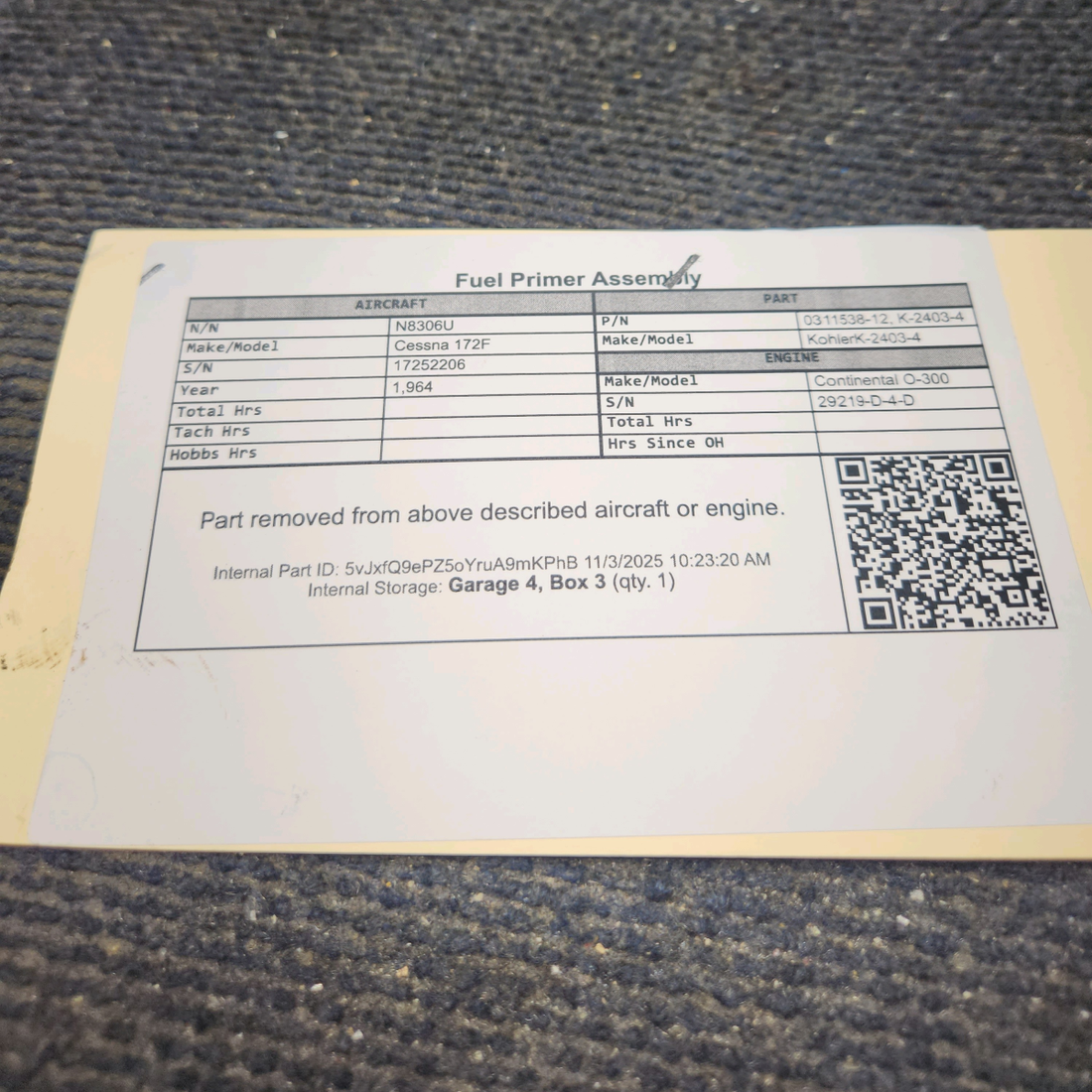 Used aircraft parts for sale, 0311538-12 Kohler K-2403-4 Cessna 172F Fuel Primer Assembly