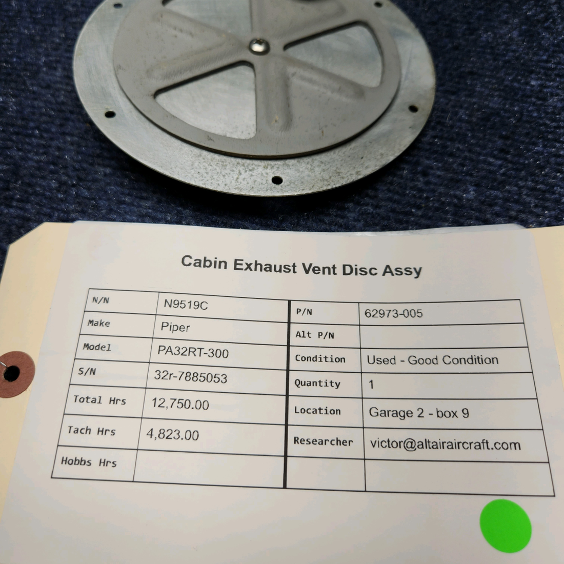 Used aircraft parts for sale, 62973-005 Piper PA32RT-300 CABIN EXHAUST VENT DISC ASSY