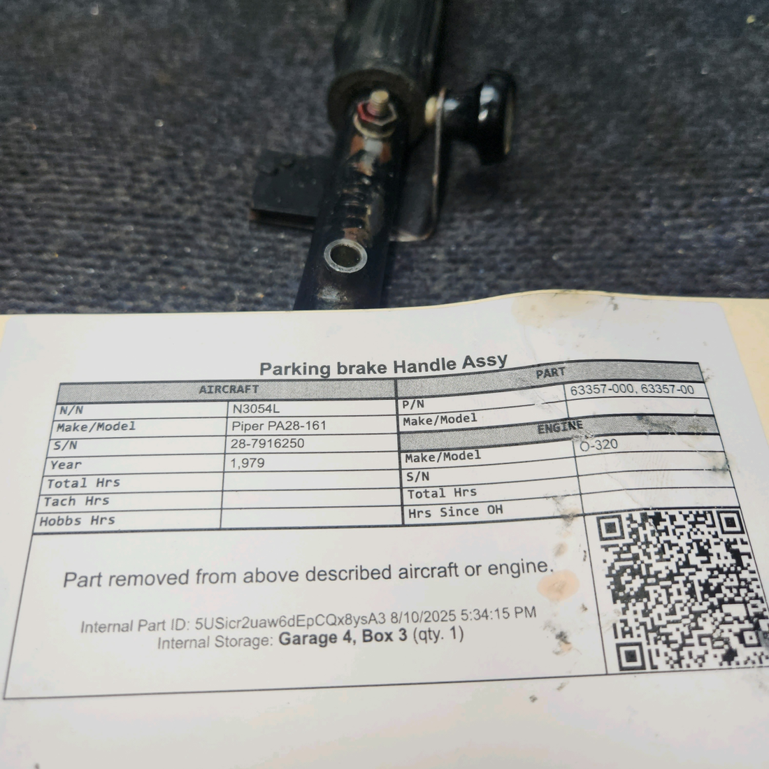 Used aircraft parts for sale, 63357-000 Piper PA28-161 Parking brake Handle Assy