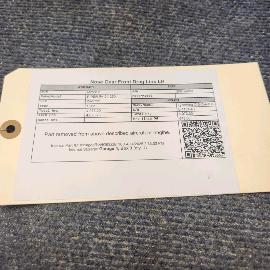 Used aircraft parts for sale, 20814-000 PIPER PA-24-250 Nose Gear Front Drag Link LH